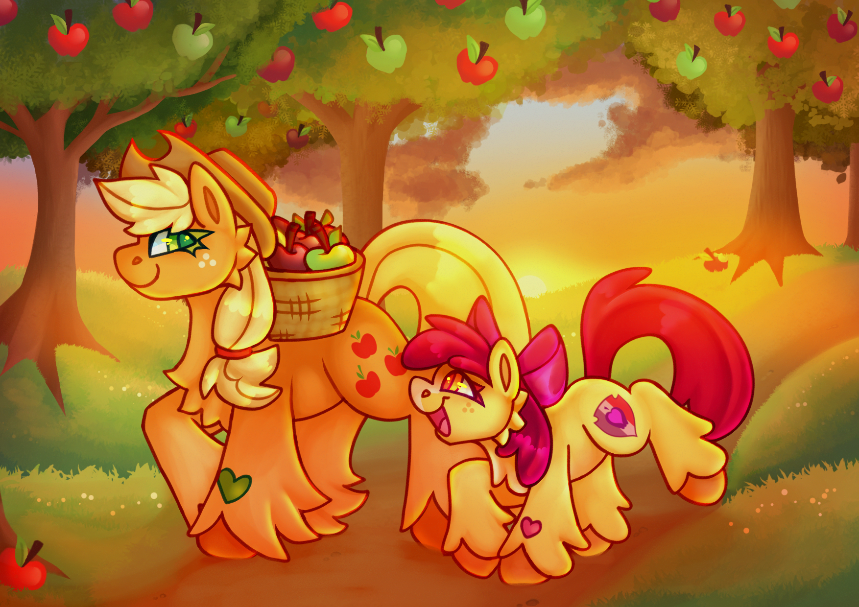 Two My little pony characters walking through a apple orchard.
