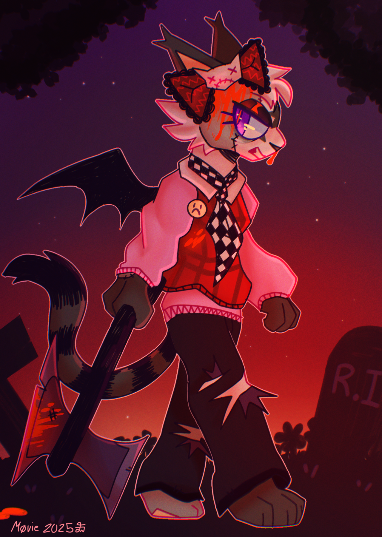 Zombie cat person walking in a graveyard with an axe.