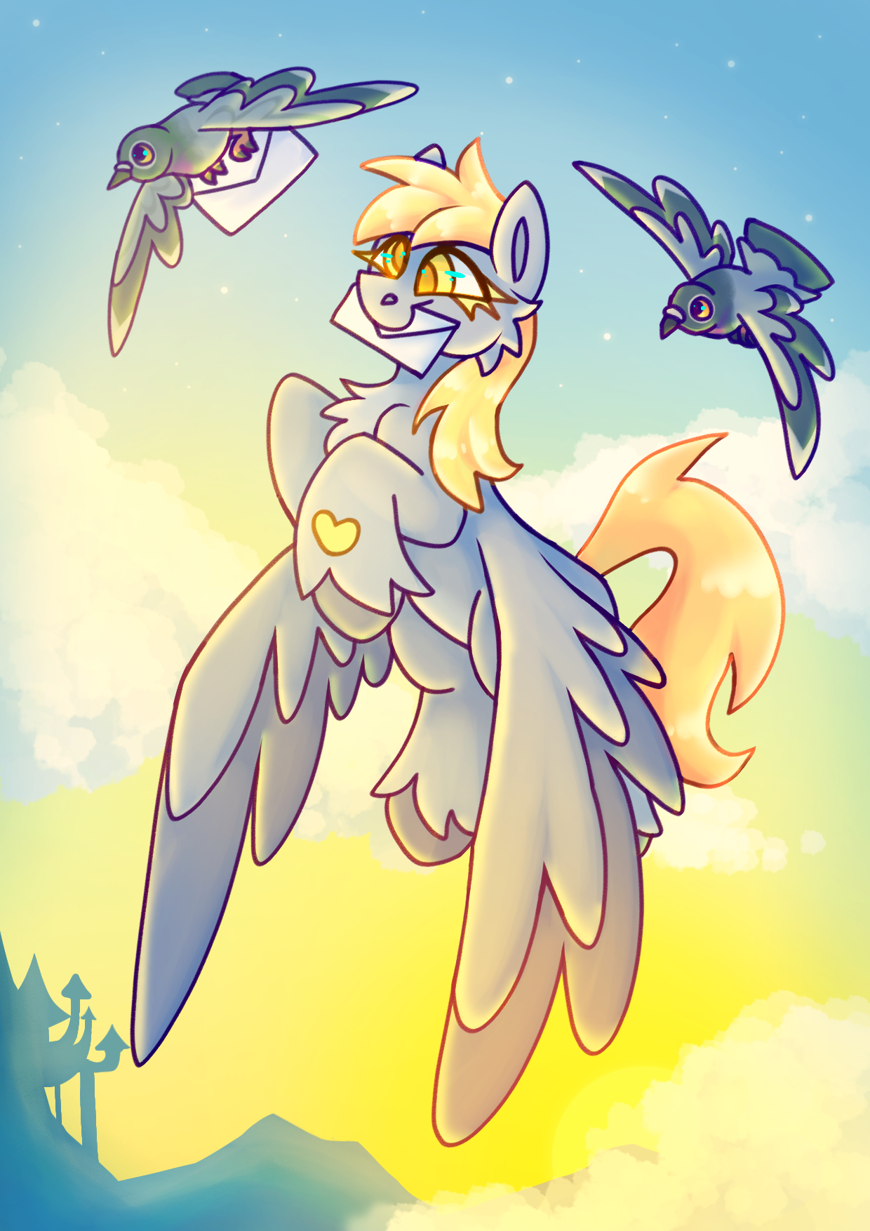 My little pony character with pigeons flying around them