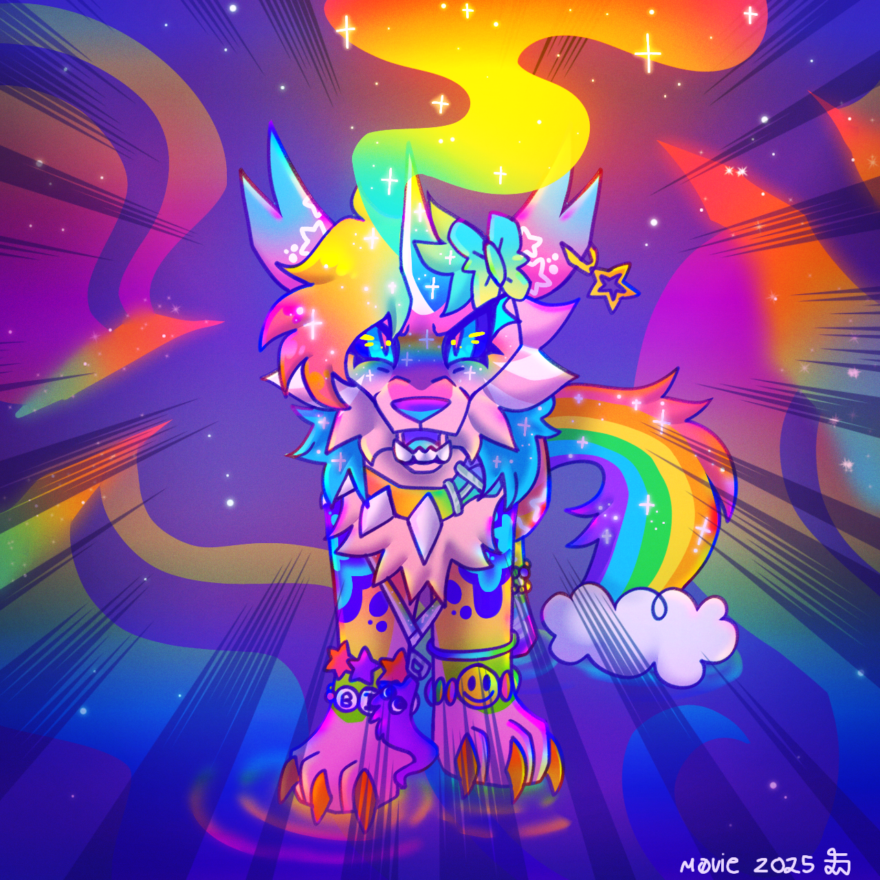 Canine with rainbow lights surronding it.