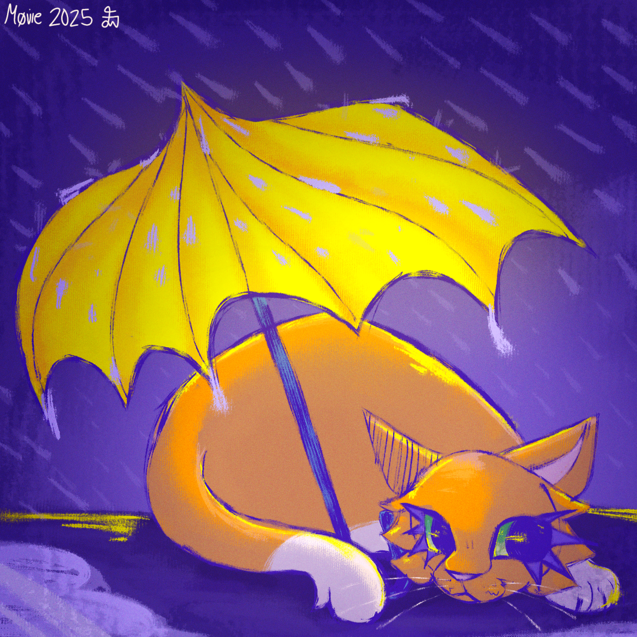 Orange cat under a yellow umbrella.