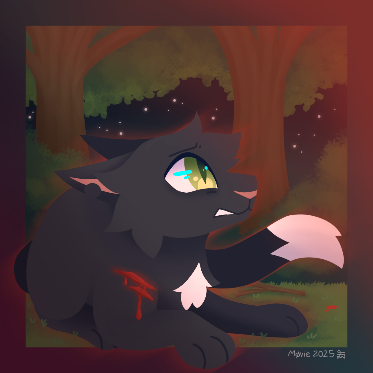 Scared black cat in a forest.